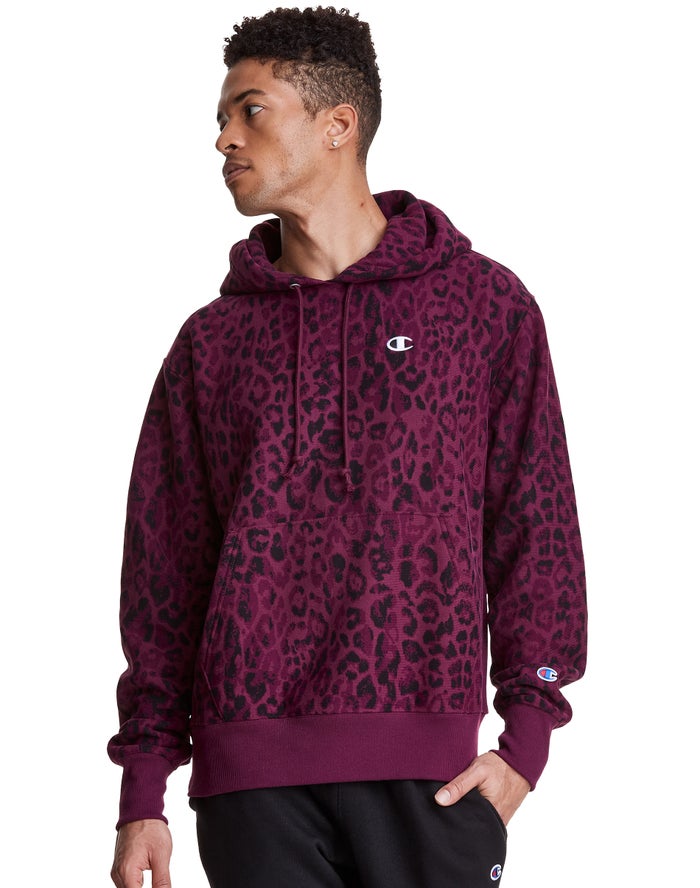 Champion Reverse Weave All Over Print Erkek Kapşonlu Sweatshirt Koyu Mor ( SUXRZE276 )